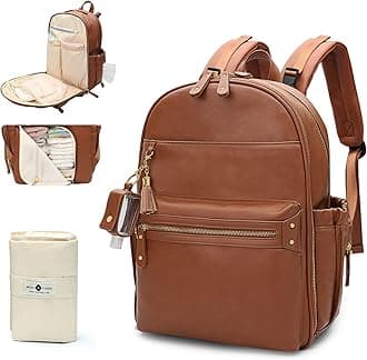 Diaper Bag, Diaper Bag Backpack, Baby Diaper Bag, Leather Diaper Bag Backpack with Changing Pad & Stroller Strap,Multi-function Large Capacity & Waterproof Travel Backpack, Brown