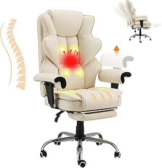 6-Point Massage Office Chair,Heating Executive Chair,Ergonomic Home Office Desk Chair with Retractable Footrest and Reclining Function,Leather Computer Chair with Adjustable Armrest(Off White)