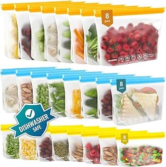24Pack Reusable Food Freezer Bags Dishwasher Safe, Leakproof Storage Contaizers, Reusable Bags Various Size for Food Storage, BPA Free Resealable Baggies(8Gallon 8Quart 8Snack,Colored)