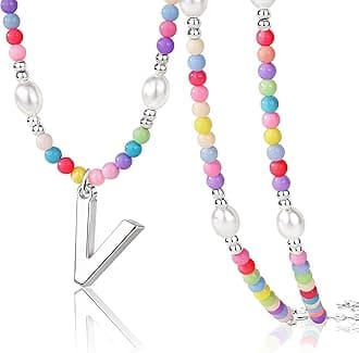 Easter Basket Stuffers for Teen Girls Kids Women, Initial Necklace for Little Girrs Bulk, Toddler Colorful Beaded Pearl Choker with Letter Pendant, Cute Personalized Jewelry Gift for Easter, Party, Birthday