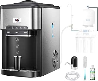 NUNET 3-in-1 Ice Maker Water Dispenser Water Cooler Filled by Water Line w. 10ft Water Inlet Hose 1/2" &1/4" Connector Hot/Cold Water Ready Makes 44 lbs Ice Daily Stores 4lb Ice