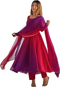 GoSriKi Women's Georgette Anarkali Kurta Set with Dupatta | Elegant Pink Ethnic Dress | Flared Long Kurti for Festive
