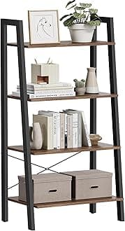 Ladder Shelf, 4-Tier Bookshelf, Storage Rack, Bookcase with Steel Frame, for Living Room, Home Office, Kitchen, Bedroom, Industrial Style, Hazelnut Brown and Ink Black ULLS044B03