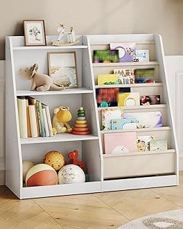 35.4" Kids Bookshelf and Toy Storage, 6 Layer Fabric Toddler Bookshelf, Kids Toy Storage Organizer, Sling Kids Bookcase, for Playroom, Bedroom, Nursery, Classroom, White MCW05WT