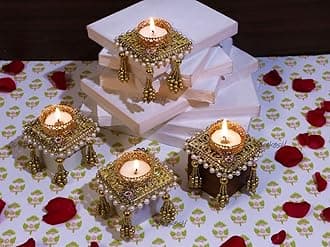 Tealight Candle Holder for Home Decor,Deepawali Gift,Wax Light Diya Lights for Decoration,Golden Lamp for Table Corner,Dheepam for Festival Diwali Onam Diya for Puja (4 Pcs)