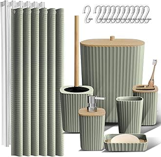 Clara Clark Bathroom Accessories Set - Bathroom Set, Bathroom Accessory Set, Shower Curtain Set, Toilet Brush, Trash Can & Soap Dispenser - Sage Green - 20PC