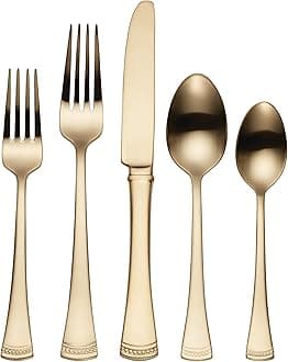 Lenox Silverware Set For 12, Portola Gold 20-Piece Flatware Set, Service For 4, Dishwasher Safe 18/10 Stainless Steel Silverware, Elegant Gold Satin Finish, Knives Spoons and Forks (Golden 20 Piece)