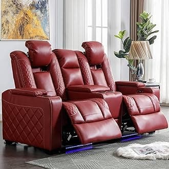 CANMOV Home Theater Seating, Faux Leather Power Electric Recliner Loveseat Chair with Ambient Lighting, Adjustable Headrest, Center Storage Console, Hidden Arm Storage, Cup Holders, USB Ports, Red