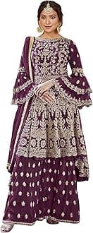 Women's Beige Net Semi Stitched Top With Stitched Net Bottom and Net Dupatta Embroidered Flared Top Dress Material (Kurta Palazzo Set) (D-1027)_Free Size