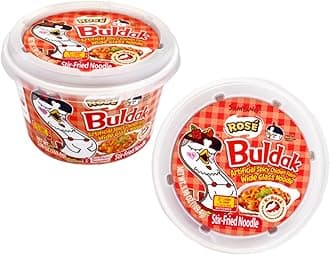 Spicy Buldak Rose Wide Flat Glass Noodle Bowl(169.4g) + Protein Puffs(50g) Assorted Challenge Box (Rose 2EA)