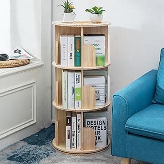Heehee Wooden Rotating Bookshelf 360 Display Floor Standing Bookcase Storage Rack for Kids&Adults Multi-Functional Bookshelf Organizer (3-Tier)