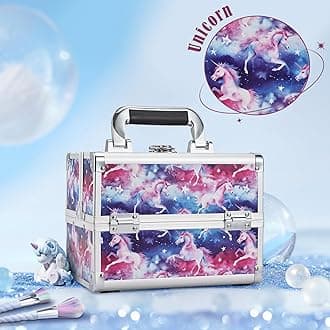 Joligrace Unicorn Makeup Case Oragnizer Portable Travel Makeup Train case 2 Trays Cosmetic Storage with Mirror Locking for Sewing Craft Cosmetologist Artist Supplies Nail Tech Kits Case Pink Blue