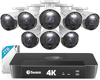 Swann 4K Master Security Camera System, 8pcs PoE Bullet Cameras, 8CH Cat5e Wired NVR System with 2TB HDD, Sensor Spotlights, Color Night Vision, 24/7 Home Surveillance, True Detect, Indoor/Outdoor