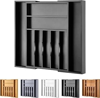 Large Premium Bamboo Silverware Organizer - Expandable Drawer Organizer & Utensil Organizer - 17"x19.7" Cutlery Tray with Dividers for Kitchen Utensils and Flatware (7-9 Slots) (Black)