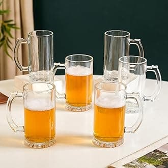 Nestasia Glass Beer Mugs Set of 6 | Thick-Walled, Durable, Lead-Free Drinkware with Easy-Grip Handle, Dishwasher Safe, 520 Ml