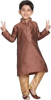 JBN CreationBoys' Full Sleeve Silk Blend Kurta Pyjama Set with Mandarin Collar, Featuring Ethnic Motifs, Self-Design, and Embellishments - Perfect for Festivals and Special Occasions