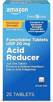 Amazon Basic Care Maximum Strength Famotidine Tablets 20 mg, Acid Reducer for Heartburn Relief, Heartburn Medicine, Acid Indigestion, Sour Stomach, 25 Count (Packaging may vary)