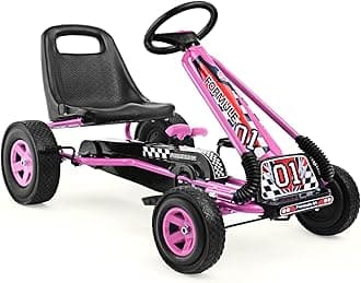 HONEY JOYGo Kart for Kids, 4 Wheel Quad Off-Road Pedal On Foot Go Cart w/Steering Wheels & Adjustable Seat, 2 Safety Brakes, EVA Rubber Tires, Clutch, Outdoor Racer Ride On Pedal Car (Pink)