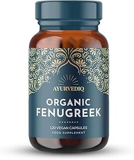 Ayurvediq Organic Fenugreek Capsules - 120 Vegan High Strength Fenugreek Powder Capsules for Lactating Mums, Hormonal & Blood Sugar Balance, Natural Supplements for Digestion