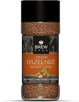 Turkish Hazelnut Instant Coffee, 100% Arabica, Freeze-Dried, Flavored Coffee Powder, 100g Granules, Makes 50 Cups, No Added Sugar, Home & Office Use