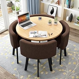 Round Kitchen Dining Table Set for 4, Space Saving Table and Chairs Set with Thick Tabletop 4 Upholstered Chairs, Dinning Room Modern Casual Coffee Table Set(D 31.5inch/80cm, Coffee)