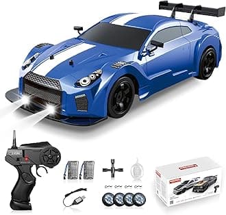 Sakeye 1/16 2.4GHz 4WD RC Drift Car, High Speed 18KM/H, LED Lights & Sprayer, 2 Rechargeable Batteries, Blue, Kids 8+