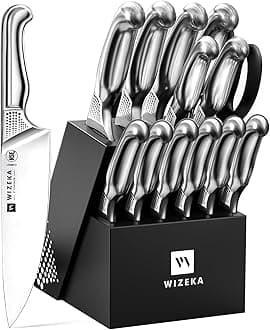 WIZEKA Kitchen Knife Set with Block: 15PCS German Stainless Steel Knife Block Set,One-Piece Design Knives Set for Kitchen, Professional Knife Set with Built-in Sharpener,Starry Sky Series