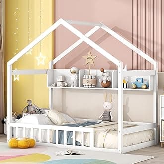Merax House Bed with Storage Shelf,Kids Bed with Fence and Roof, White