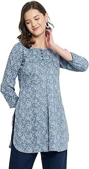 Tissu Women's Rayon Blue & White Floral Printed Kurti Tunic