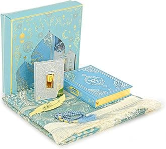 ihvan online Prayer Gift Set for Hajj and Umrah, Muslim Prayer Rug, Prayer Mat, Beads Taasbih, Holy Quran Translated English, Muslim Praying Mat, Islamic Gift Set for Ramadan & Eid, Blue