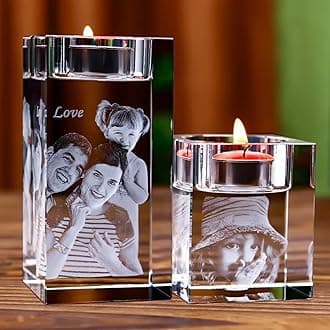 Personalized 3D Photo Crystal Candle Holder,Custom Engraved Crystal Candelabra with Your Own Picture Text,crystal Candle, Anniversary Christmas Birthdays Gifts for Dad, Mom, Him, Her (5x5x6cm)