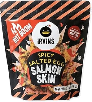 - Hot Boom Salted Egg Salmon Skin Chips & Crisps – Explosively Spicy, Premium Hand Cooked, Halal, Keto-Friendly, High Protein Snack | Dangerously Addictive | (3.3 oz / 95g)