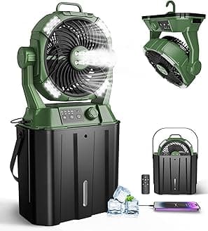Misting Fan Portable for Outside Patios, Rechargeable Battery Operated Mist fan, Camping Mister Fan With Remote, 4 Spray Outlets, 3 Lights Modes, 4 Timers for Fishing/Golf/Garden/Party/Tent/Beach