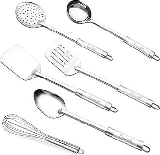 - Parage 6 Pieces Stainless Steel Kitchen Tools for Cooking & Serving, Basting Spoon (Chamcha), Ladle(Karchhi), Slotted Turner, Skimmer(Jhara), Turner/Spatula (Palta), Blending Egg Whisk, Silver
