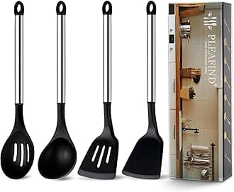 4-Pcs Silicone Cooking Utensils Set, Wok Utensils Set Include Wok Ladle, Slotted Spoon, Solid Spatula and Slotted Spatula, Silicone and Stainless Steel Kitchen Utensils, Dishwasher Safe