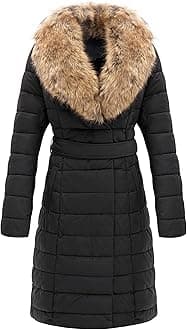 Bellivera Women's Puffer Jacket Faux Leather Bubble Padding Sherpa-Lined Coat with Removable Fur Collar