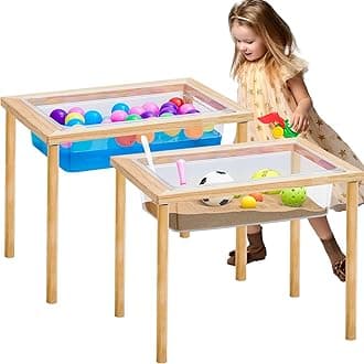 Uiifan 2 Sets Wood Sensory Sand Water Table 20 Inch High Kid Activity Table for Kids Toddlers Preschool Classroom Gift(Wood Color)