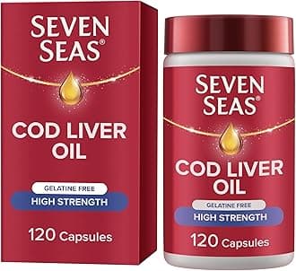 Seven Seas Cod Liver Oil High Strength Gelatine Free Omega-3 Fish Oil and Vitamin D, 120 Capsules