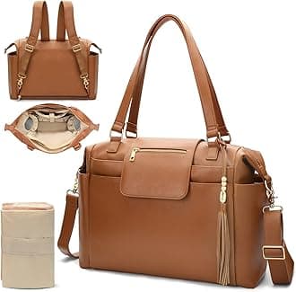 Leather Diaper Bag - Backpack, Large Size, Brown with 14 Organizing Pouches, Changing Pad, Crossbody Strap, 4 Insulated Pockets