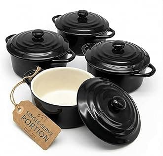 Kook Ceramic Mini Cocotte Set, Small Casserole Dishes with Lids and Handles, Individual Baking Ramekins, Oven, Microwave & Dishwasher Safe, Stoneware, 12 oz, Set of 4