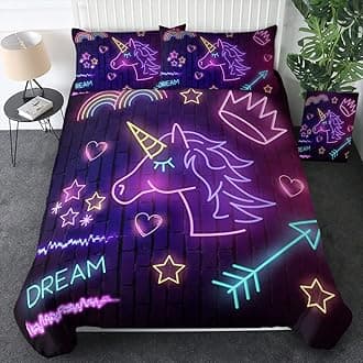 Sleepwish Unicorn Full Bedding Set Neon Unicorn Bed Set for Kids Girls Boys 3 Piece Purple Turquoise Pink Unicorn Bedspread (Full)