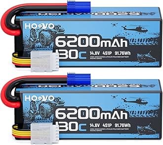 HOOVO 4S Lipo Battery, 14.8V 6200mAh 130C RC Car Battery Hard Case with EC5 Plug, Compatible with 1/8 and 1/10 Scale RC Vechile,Arrma Kraton 8S,RC Buggy Truggy Truck Crawler Monster Boat, 2 Pack