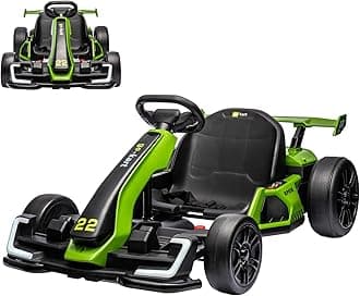 24V Electric Go Kart for Kids，Powerful Drift Kart with Adjustable Seat, 2x150 Motor, 8.5 Mph Speed, 4 Speed Modes, Led Lights,Music, and Honking Horn for Ages 6-12,Green