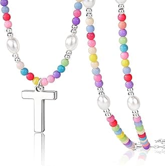 Poxtex Initial Necklace for Women and Teen Girls – Preppy Colorful Rainbow Beaded Pearl Choker with Letter Pendant Bulk, Cute Summer Beach Personalized Jewelry Gift for Kids, Teens, Women, Birthday