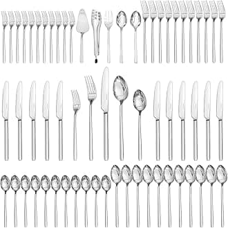 KINGSTONE Silverware Sets with Serving Utensils, 65 Piece Flatware Set for 12, 18/10 Cutlery Set with 5 Pieces Serving Utensil Set Modern and Original Design Dishwasher Safe