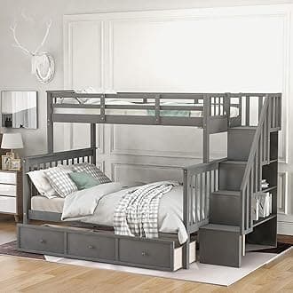 SOFTSEA Twin Over Full Bunk Bed with Storage Stairs, Solid Wood Bunk Bed with Drawers and Full-Length Guardrails, Convertible to 2 Separated Beds, No Box Spring Needed, Gray