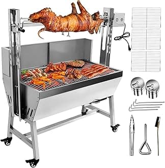 132LBS Stainless Steel Rotisserie Grill with Back Cover Guard, 25W Motor Small Pig Lamb 37 Inch BBQ Charcoal Rotisserie Roaster Grill for Camping Outdoor Kitchen