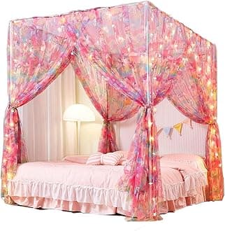 Mengersi Unicorn Bed Canopy with Lights - Bed Curtains for Girls - Princess Bed Netting - Queen Size