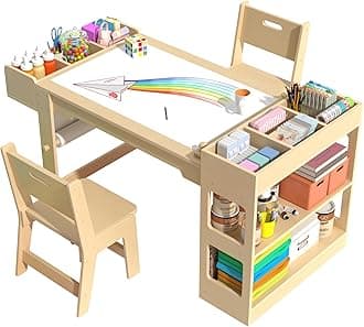Kids Art Table and Chair Set, Kids Craft Table with Storage, Toddler Activity Play Desk with 2 Chairs, Wood Art Craft Play Desk with Paper Roller for Writing, Drawing, Learning and Reading