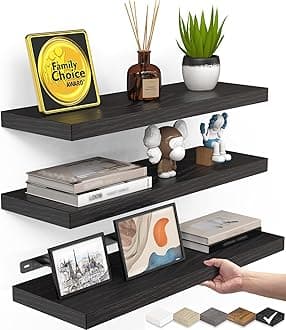 BAYKA Floating Shelves for Wall, Wall Mounted Rustic Wood Shelves for Bathroom, Bedroom, Living Room, Kitchen, Hanging Shelf for Books/Storage/Room Decor with 22lbs Capacity (Black, Set of 3, 16in)